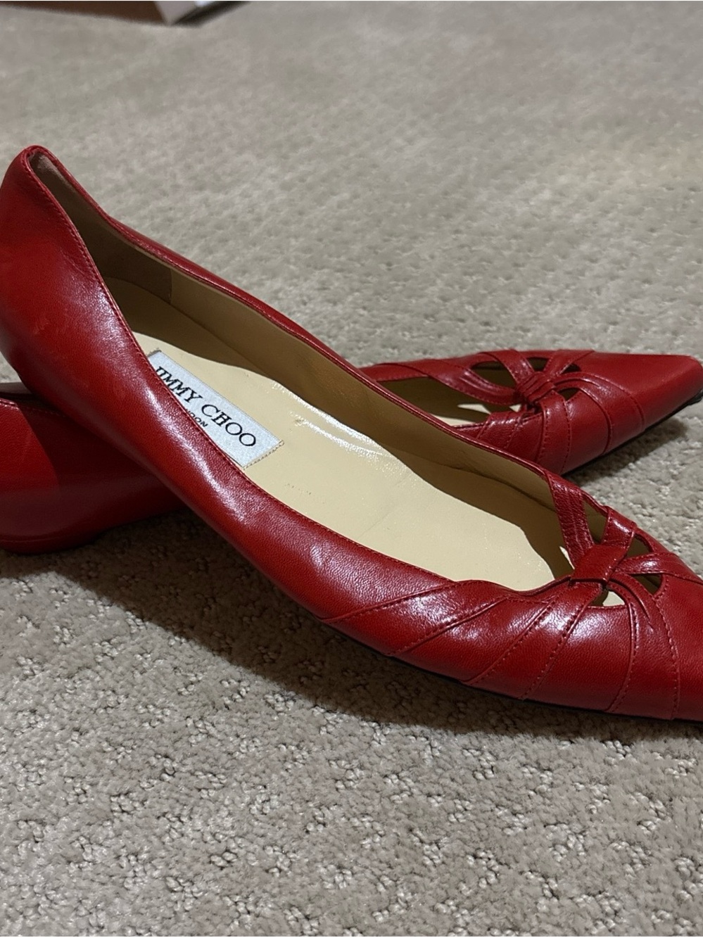 Jimmy Choo Red Leather Knotted Pointed Toe Flats
